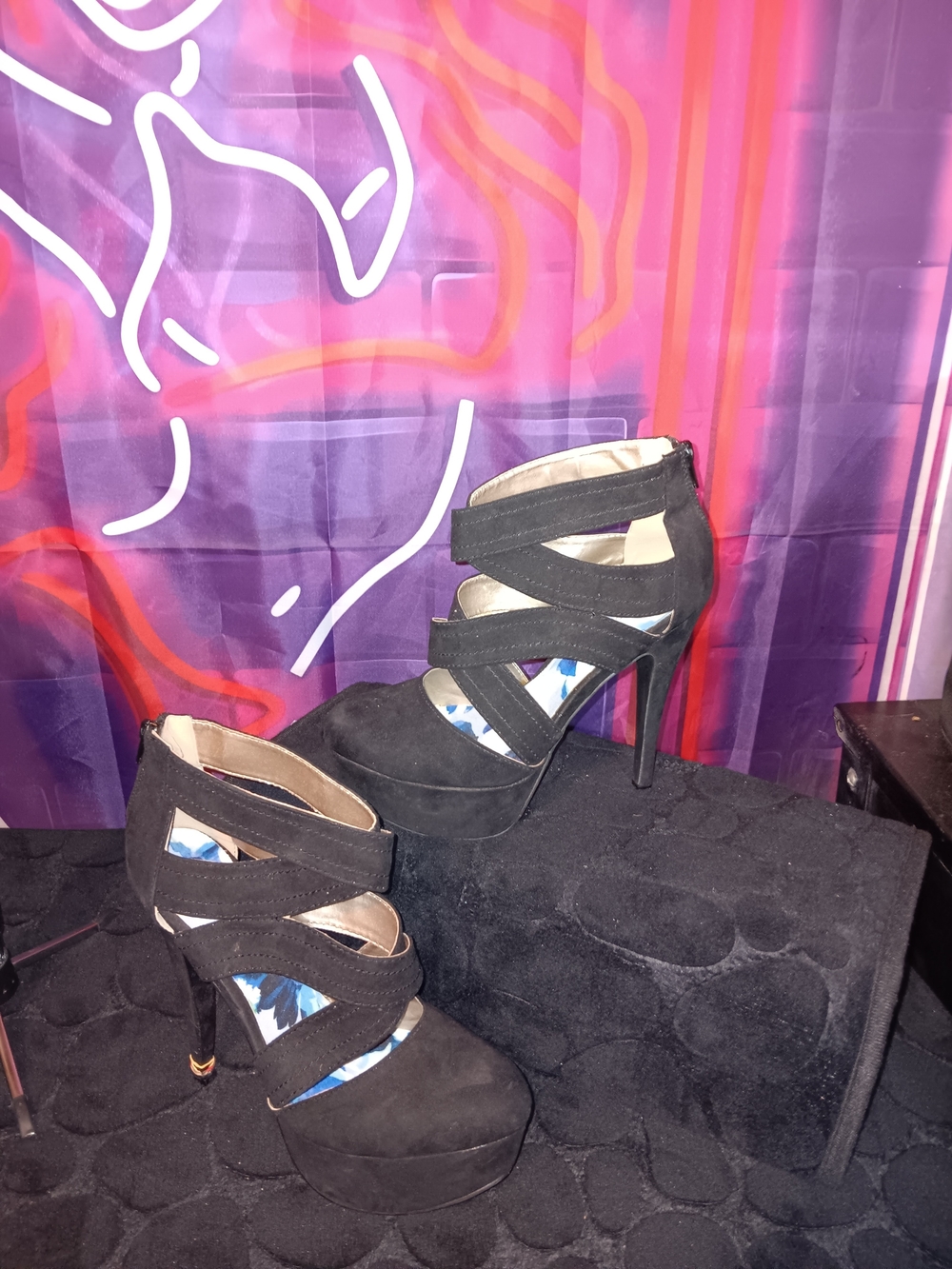 Mojo Moxy Black Suede Strappy Platform Stiletto Heels